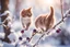 Placeholder: A beautiful colourful little cat catches a purple berry while standing on a snowy branch in sunshine, ethereal, cinematic postprocessing, bokeh, dof