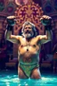 Placeholder: airbrush with pen outline, Saddam Hussain,swimsuit hippie in his palace raised hands with boxing gloves having fun in a festival in the 60s, goa psy ambient in the style of vangelis and fsol, source vibrations, bokeh like f/0.8, tilt-shift lens 8k, high detail, smooth render, down-light, unreal engine, prize winning