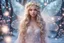 Placeholder: pretty snow fairy, sweet face, long blond hair, crown of white flowers and crystals, transparent wings, softness, kindness, fireflies and sparks of light, in the background of pink trees 4k, magical atmosphere, sweetness