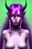 Placeholder: cute purple haired devil girl with bright green eyes and black horns on her head wearing a purple/pink dress