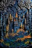 Placeholder: dark forest , darkness castle ,fog, multi-dimensional paper cut craft, mixed media illustration, running through the woods, Sharp, paper quilling, polymer clay, sharpie, Hypermaximalist, busy, Ornate, Layered, HDR, ultra 8k