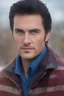 Placeholder: Blue eyes, close-up facial portrait - a Bright, well-lit UHD, 1080p 32k, photograph - winter time, hunting season, part Jesus Christ, part Elvis Presley with a mustache and short crew-cut hair, part Lee Majors, Part red and black checkered wool coat, blue jeans, cowboy boots, plaid shirt, sunbursts, crosses, 3D lighting, diamonds, hearts, Butterflies, Clovers, Roses, extremely colorful,