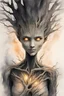 Placeholder: tree woman, groot, female, glowing eyes, fissures in their flesh, from which faint light shines, create a warm glow, created in inkwash and watercolor, art style of Gege Akutami