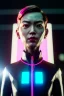 Placeholder: Waist up shot photo, thriller style, Asian cyborg woman :: symmetry photography, cyberpunk, pink hair, makeup, long line eye, light iris, :: latex coat, wires and circuits, pink, white, black :: cinematic, Ultra realistic, dark scene, soft color, highly detailed, unreal engine 5, RTX, ultra detail, 3d, finely drawn, high definition.