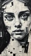 Placeholder: Bosch style painting , A face in details . The texture of the face is a collage of many peace’s of black and white old pictures and newspapers parts sticks on the whloe girls face in a collage style