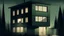 Placeholder: A digital painting of a modern house at night, with a minimalist design and a muted color palette. The house is composed of several rectangular blocks of varying heights, creating a staggered, asymmetrical silhouette against the dark sky. The walls are a textured, greenish-gray color, with subtle variations in tone that suggest a weathered or aged surface. Several windows are visible, each emitting a warm, golden light that contrasts with the cool tones of the exterior. The windows are simple an