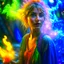 Placeholder: paint splatter, photorealism, a russian hippie pixie hovering in the underground grove glowing light, in the style of italian masters, 8k, down-light, soft light, depth of field, photo realism, trending on art station, high detail, smoke and fog