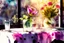 Placeholder: A table in a nice restaurant next to the window, meal, wine and flower on it, melting watercolor and black ink outlines on wet paper, soft, shading strokes, in sunshine, ethereal, otherwordly, cinematic postprocessing, bokeh, dof