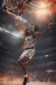 Placeholder: 8k, highly realistic and detailed image of a NBA basketball player in action dunking the ball in the net, sweaty hair, screaming look,action and smoke and flames background