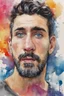 Placeholder: facial portrait, wide set blue eyes, large, curved down nose, big lips, square jawline, bushy eyebrows, dark brown hair, gray sideburns, goatee, a bright, extremely colorful, multicolored watercolor stained wall in the background