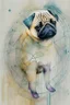 Placeholder: Abstract wet watercolour of a pug, ink lines, interlinked circles,