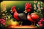 Placeholder: red and black chicken and small chibi duck in a flowergarden with beautiful flowers, pond, in sunshine, H.R. Giger, anime, steampunk, sürreal, watercolor and black in outlines, golden glitter, ethereal, cinematic postprocessing, bokeh, dof