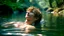 Placeholder: Young teen boy floating in water, relaxing, wearing short shorts, eyes closed, curly hair, full lips smiling, aesthetic physique, cute face, shirtless torso, warm skin tone, flawless skin, small nipples, thick curly hair, arms posed behind head, koi fish below surface, full body, forest background, low camera angle, calm clear water, dreamy atmosphere, high resolution,