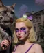 Placeholder: Ultra realistic afternoon photo, happy smoker couple, blonde Alice woman and purple cat smoking a pipe, circus blue dress style, black headband with bow, old school body tattoo, smoke, marihuana garden, glow eyes, perfect iris, soft color, highly detailed, unreal engine 5, ray tracing, RTX, lumen lighting, ultra detail, volumetric lighting, high definition.