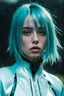 Placeholder: photo, billie eilish, she wears gloss white evangelion plugsuit, she has short sleek teal hair, she has a crazed expression, dark and lit only by underlighting, running water, rivulets, rain,