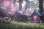 Placeholder: a cute flowering fairy house pink and blue in the forest, spring time, 8k, flickering light, centered, high-quality, fine-detail, digital art, detailed matte, volumetric lighting, illustration, 3D octane render