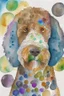 Placeholder: abstract watercolour of the head of bernadoodle dog in the style of paul klee with circles of colour