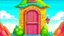 Placeholder: Fantasy cartoon illustration: a beautiful colorful door on a house in the middle of a hill