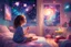 Placeholder: In her adorable girl sitting in her bedroom, she gazes up at the bright stars, her imagination soaring through the vast galaxy, fueling her dreams of painting with vivid colors.