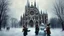 Placeholder: dark and mysterious, A winter scene of the Chartres cathedral covered in snow, with children of different descents building a snowman in the foreground, showcasing the beauty of Gothic architecture in a snowy landscape., dark shadows and fog, blurred, neo-expressionism