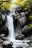 Placeholder: rocks, waterfall, trees, black and white chinese ink paintings