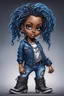 Placeholder: create an airbrush illustration of a chibi cartoon voluptuous black female wearing a blue jean outfit with biker boots. Prominent make up with hazel eyes. Extremely highly detail of a short and shiny twisted dreadlocks. Background of a bike show.