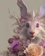 Placeholder: Ultra realistc natural baby drago in white dress with white hair. Around lilac, indigo, bianco giallo and pink natural roses. White backgroung. An intricate detailed white 3D paper patchwork, crown, diadem, fantasy, rose tones, beautiful