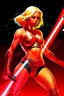 Placeholder: A blonde space warrior woman with a curvy figure, wearing a red bikini and wielding a laser sword