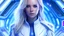 Placeholder: Femme galactique magnifique, yeux bleux, long cheveux blonds, commandante, en combinaison blanche lumière détails violets et bleus, futuriste