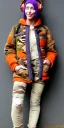 Placeholder: Brunette woman. average body type, think thighs and thick calves. Mantle is sewed of recycled Denim and sewed together of camouflage pieces. Printed camouflage figures are orange,terracotta, cream and purple. It is with big bright purple felt tippet and cream-colored-hood. mantle is merged with satchel. . AKG-style headphones (gold rings!) is merged with small felt cap with small visor. Style: Haute Couture in 1936, Paris fashion in 2023, inspired by street art. Cream latex gaiter.