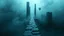 Placeholder: A surreal, dark and cold abstract artwork dominated by deep blue, icy cyan, charcoal black and muted steel-grey tones. An thin narrow passageway emerges from an abstract distorted weird landscape, surrounded by thick atmospheric fog and drifting mist. The space feels dreamlike, alien and unsettling, with fragmented floating geometric forms, black onix architectural fragments and unnatural perspectives. At the center of the composition cracked stone way over abyss, passage over nothingness