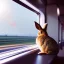 Placeholder: small rabbit hopping around interior, high speed train, sunset on the horizon outside window