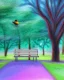 Placeholder: park mystical dream, park bench, man, woman, child, dog, trees, path, bird, sunshine, mystical, fantasy, romanticism, pastel colors, daylight, daytime, acrylic painting, detailed, soft focus,