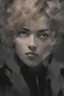 Placeholder: Portrait of a female with short curly hair, and tan skin color, drawn in Yoji Shinkawa style, black and white with a gray background.