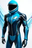 Placeholder: Surfshark's superhero costume combines a black, form-fitting bodysuit with a deep ocean-blue wetsuit-style jacket, featuring shark fin-like shoulder embellishments. White shark tooth designs adorn the arms and legs. His cowl resembles a shark's head, with a dark visor revealing his piercing blue eyes. The shark-themed utility belt, gloves, and boots complete the ensemble, along with a high-tech surfboard. The chest emblem is a stylized shark with dorsal fins reminiscent of Batman's bat symbol.