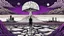 Placeholder: a nonbinary human figure stands inner in middle of an giant block of stone consisting of several layers outside around weird landscape with city in the distance, sharp lines, fade pale eyes, fade human figures in city, dark purple, gray, black, white, brown. Whimsical style and surreal vibe, lonely with absurd broken land, neuron network background, surreal nightmare vibe