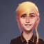 Placeholder: Portrait of a smiling 10 year old witch girl with blonde bangs like Wednesday