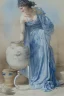 Placeholder: A beautiful woman in an ancient Roman dress pours water from an amphora into a pot in a blue and white bathroom, by Jean-Baptiste Monge, watercolour and ink, highly detailed, award winning, crisp quality in sunshine