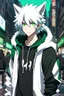 Placeholder: [Waterscape] In anime, an anthropomorphic male character with white fur, white-and-green-haired, white-skinned, green-eyed, wolf ears, whiskers, a black hoodie, and black pants, is on the street in the massive capital. [8K resolution, high quality, ultra graphic, and detailed with lines.]