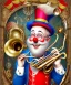 Placeholder: happy and funny old friendly clown with round head and trimmed beard playing jazz with a steampunk theme, trumpet on mouth, paintbrush and aisle, carnival, dreamy