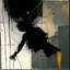 Placeholder: Minimal abstract oil painting of a falling person limbs sinew. Amongst concrete fragments brutalist architecture and hanging wires illuminated at night. In the style of Justin Mortimer and Phil Hale and Ashley Wood