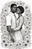 Placeholder: Create outline art of coloring page of a black couple surrounded by blossoming flowers symbolizing the growth and beauty of their love. white background, sketch style, half of body, only use outlines, Mandala style, clean line art, white background no shadows, no shading, no color at all and clear and well outlined.