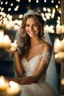 Placeholder: A happy smiling Beautiful girl wearing a wedding dress : Picture a delicate fluorescent glass sparkling lights adorned with glistening dewdrops. The tranquility of the scene mirrors the quiet strength that comes from embracing stillness and finding inspiration in the simplest moments. A lot of candles in the background