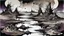 Placeholder: painted inner world with uncontrolled mind and neurodivergens soul, floating islands and rocks over surreal cracked weird empty landscape . deep dark purple, gray, black, white, brown, malachit, cream color. Whimsical strange style of yoji shinkawa, of Quentin Blake. No people in picture, weird absurd beauty nightmare, black rawen, in background fade neuron network-web, surreal vibe,
