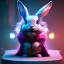 Placeholder: pixar style anamorphic cute cyberpunk rabbit baby, smiling, full body, magenta puffer jacket, manila city backdrop, hyper realistic, unreal engine 5, 16k