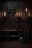 Placeholder: dark wooden wall with victorian pistols, swords, crossbows, armour. candles