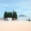 Placeholder: A super high definition photo of an open space with structures. A transparent tarpaulin covers a ruined building. There is a group of fir trees in the background and a high hill in the distance. The surface below is in a pastel color. Fog is present.