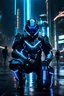 Placeholder: cyberpunk, neon blue, high technology, geometric figures, orbiting figures, high technology suit, cyberpunk suit, black, black and blue, epic, rain, a person in rain, neon blue suit, geometric figures orbiting around suit, exosuit, technological armour, a person wearing technological armour, cyberpunk armour, detailed armour, male, black and blue colored cybersuit, suit details, epic cybersuit, black colored suit, complex suit