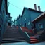 Placeholder: Fotografia di strada assurda e falsa orripilante blu weirdcore dai colori vivaci, liminalcore. Escher. Confusione geometrica. Scale che scendono. Yves Tanguy. Non luogo falso, inusuale. Le case sono false e dipinte di nero chiaro con cose stilizzate e dettagli. Ci sono finestrelle false quadrate, che danno un senso distopico e molto surreale, disposte in modo casuale. L'atmosfera generale sembra noiosa e onirica, con un contrasto tra elementi reali ed elementi dipinti falsi, René Magritte