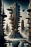 Placeholder: a stunningly weird image of a futuristic metropolis using Salvador Dali's paranoiac-critical method, where buildings and structures appear to melt into the skyline cityscape is filled with floating mad, twisted sharp metal shapes that interact with the buildings and each other, forming a surreal tableau of a dreamlike reality. neu-steampunk vibe, essence of the scene in a cinematic manner, with dramatic shadows that enhance the distorted perspectives and bizarre